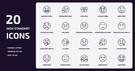 emoji outline icons set. emoji thin line icons pack such as nervous emoji, imagine sad hand over mouth pensive yelling bored love vector.