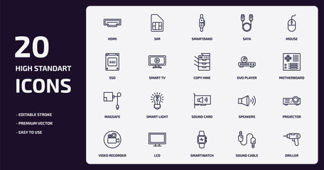 electrian connections outline icons set. electrian connections thin line icons pack such as hdmi, sata, smart tv, magsafe, lcd, smartwatch, sound cable, driller vector.
