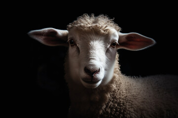Obraz premium Portrait of a lamb face shot, close-up, isolated on black background. generative AI