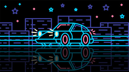 Night urban transport scene. Car rides through the city. Neon vintage illustration in retro gaming style on black background.