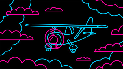 Cartoon outline plane flies near the clouds. Neon retro vehicle illustration in 80s gaming style.