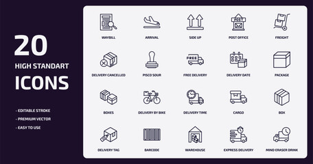 drinks outline icons set. drinks thin line icons pack such as waybill, post office, pisco sour, boxes, barcode, warehouse, express delivery, mind eraser drink vector.