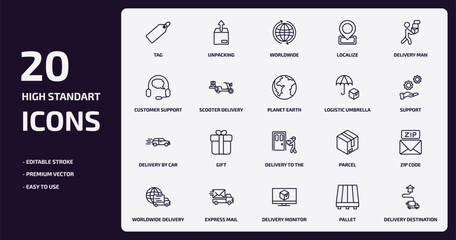 delivery and logistic outline icons set. delivery and logistic thin line icons pack such as tag, localize, scooter delivery, by car, express mail, monitor, pallet, destination vector.