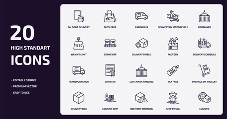 delivery and logistic outline icons set. delivery and logistic thin line icons pack such as on door delivery, by motorcycle, conveyor, transportation, logistic ship, warning, ship by sea, vector.