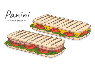 Hand drawn colorful panini illustration with cheese, tomatoes and ham.