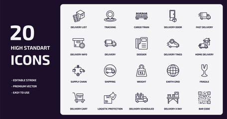 delivery and logistic outline icons set. delivery and logistic thin line icons pack such as delivery list, door, supply chain, logistic protection, scheduled, x ray, bar code vector.