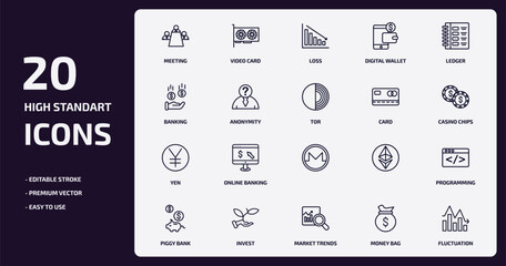 cryptocurrency outline icons set. cryptocurrency thin line icons pack such as meeting, digital wallet, anonymity, yen, invest, market trends, money bag, fluctuation vector.