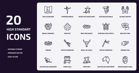 culture outline icons set. culture thin line icons pack such as maletsunyane, australian koala, mud hut, fabada, food stall, cemetery, australian continent, beijing roast duck vector.