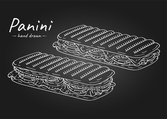 Hand drawn panini illustration with cheese, tomatoes and ham in outline style.