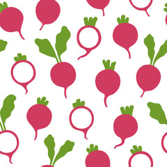 Red radish in flat style. Seamless vegetable pattern on a white background.