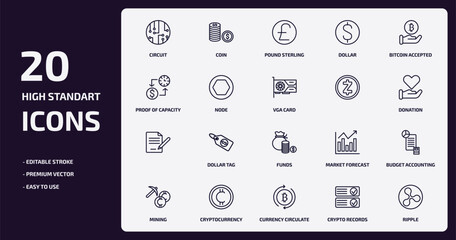 cryptocurrency outline icons set. cryptocurrency thin line icons pack such as circuit, dollar, node, , cryptocurrency, currency circulate, crypto records, ripple vector.