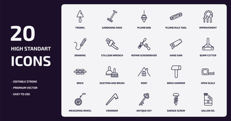 construction tools outline icons set. construction tools thin line icons pack such as trowel, plumb rule tool, stillson wrench, brick, crowbar, antique key, garage screw, gallon oil vector.