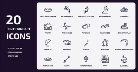 culture outline icons set. culture thin line icons pack such as sweet and sour pork, muslim praying, pipe of peace, nefertiti, native, paper lantern, army, sleigh bell vector.