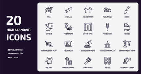 construction outline icons set. construction thin line icons pack such as vise, fuel truck, two screws, construction plan, constructions, sand brush, big clo, adjusment system vector.