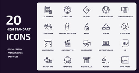 cinema outline icons set. cinema thin line icons pack such as film poster, parental guidance, smoothie with straw, cinema curtain, headphone, theatre pillar, author, 1080p full hd vector.