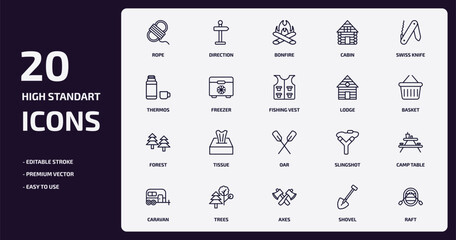 camping outline icons set. camping thin line icons pack such as rope, cabin, freezer, forest, trees, axes, shovel, raft vector.