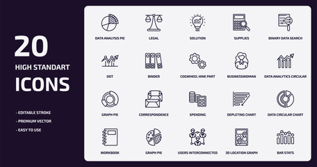 business and analytics outline icons set. business and analytics thin line icons pack such as data analysis pie chart, supplies, binder, graph pie, graph pie, users interconnected, 3d location