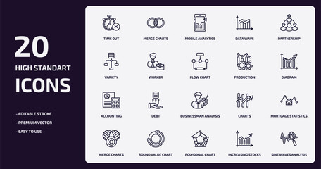 Fototapeta na wymiar business and analytics outline icons set. business and analytics thin line icons pack such as time out, data wave, worker, accounting, round value chart, polygonal chart, increasing stocks, sine