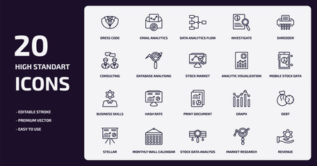 business and analytics outline icons set. business and analytics thin line icons pack such as dress code, investigate, database analysing, business skills, monthly wall calendar, stock data