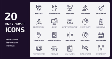 business and analytics outline icons set. business and analytics thin line icons pack such as money back, trial hammer, gadget, funneling data, workplace, wall calendar, search analytics, connected