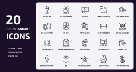 cinema outline icons set. cinema thin line icons pack such as studio mic, cinema snack bar, hd dvd, screen, 3d, celebrity, chair, star movie award vector.