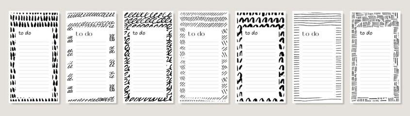 Various lines and shapes to do list template. Set of black and white abstract backgrounds. Ink drawing style. Contemporary hand drawn modern trendy vector illustrations isolated on background