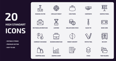 business outline icons set. business thin line icons pack such as ranking factor, cooperate, lanyard, currency exchange, graphic chart, , stack, two folders vector.