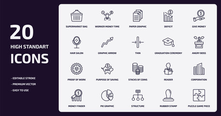 business outline icons set. business thin line icons pack such as supermarket bag, deficit, graphic arrow, proof of work, pie graphic, structure, rubber stamp, puzzle game piece vector.