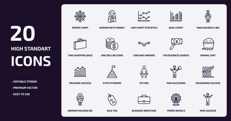 business outline icons set. business thin line icons pack such as spider chart, dual chart, one dollar coins, measure success, sale tag, bussines briefcase, ferris wheels, man success vector.