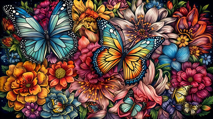 Colorful butterflies fly over colorful flowers. Generative illustration of AI. Digital visual content Generative AI