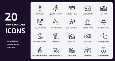 business outline icons set. business thin line icons pack such as identity card, briefcase tings, hand with money gear, man with solutions, woman with dollar bill, bars graphic, bank teller, euro