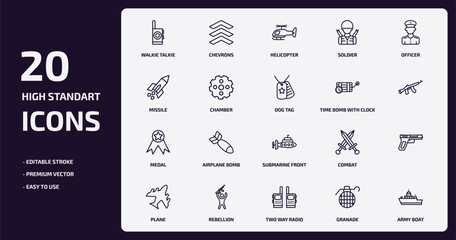 army and war outline icons set. army and war thin line icons pack such as walkie talkie, soldier, chamber, medal, rebellion, two way radio, granade, army boat vector.