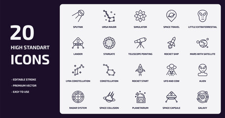 astronomy outline icons set. astronomy thin line icons pack such as sputnik, space travel, stargate, lyra constellation, space collision, planetarium, space capsule, galaxy vector.