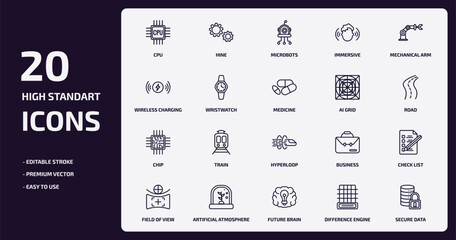 artificial intellegence outline icons set. artificial intellegence thin line icons pack such as cpu, immersive, wristwatch, chip, artificial atmosphere, future brain, difference engine, secure data