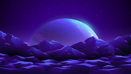 Dark futuristic mountains landscape on planet background.