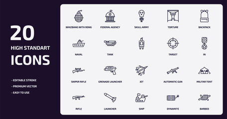 army and war outline icons set. army and war thin line icons pack such as whizbang with rong, torture, tank, sniper rifle, launcher, ship, dynamite, barbed vector.