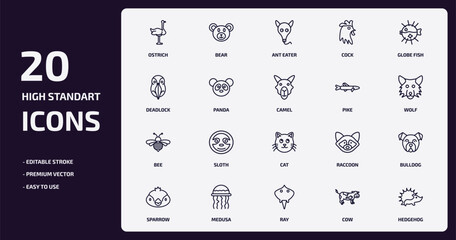 animals outline icons set. animals thin line icons pack such as ostrich, cock, panda, bee, medusa, ray, cow, hedgehog vector. © Farahim