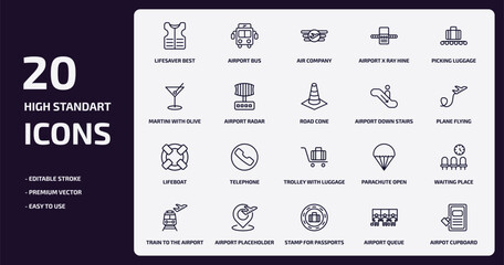 airport terminal outline icons set. airport terminal thin line icons pack such as lifesaver best, airport x ray hine, radar, lifeboat, placeholder, stamp for passports, queue, airpot cupboard