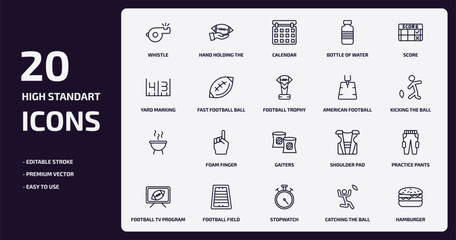 american football outline icons set. american football thin line icons pack such as whistle, bottle of water, fast football ball, , field, stopwatch, catching the ball, hamburger vector.