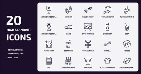 american football outline icons set. american football thin line icons pack such as american football goal, helmet, cleats, padded shirt, stadium cylinder, trash can, black t shirt cloth, vector.