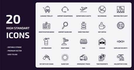 airport terminal outline icons set. airport terminal thin line icons pack such as luggage trolley, no smoking, airport searchor, extinguisher, sunny day, emergency truck, two passports, helicopter