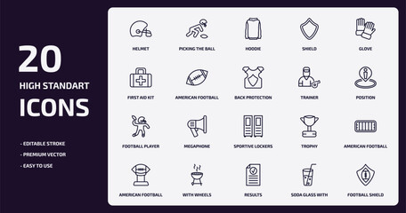american football outline icons set. american football thin line icons pack such as helmet, shield, american football ball, player, with wheels, results, soda glass with a straw, shield vector.