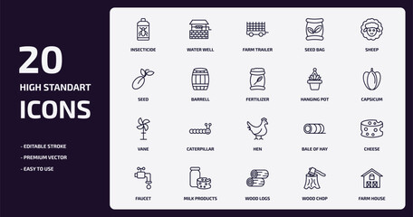 agriculture farming outline icons set. agriculture farming thin line icons pack such as insecticide, seed bag, barrell, vane, milk products, wood logs, wood chop, farm house vector.