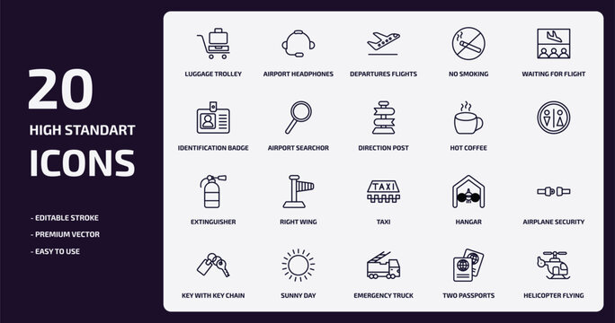 airport terminal outline icons set. airport terminal thin line icons pack such as luggage trolley, no smoking, airport searchor, extinguisher, sunny day, emergency truck, two passports, helicopter