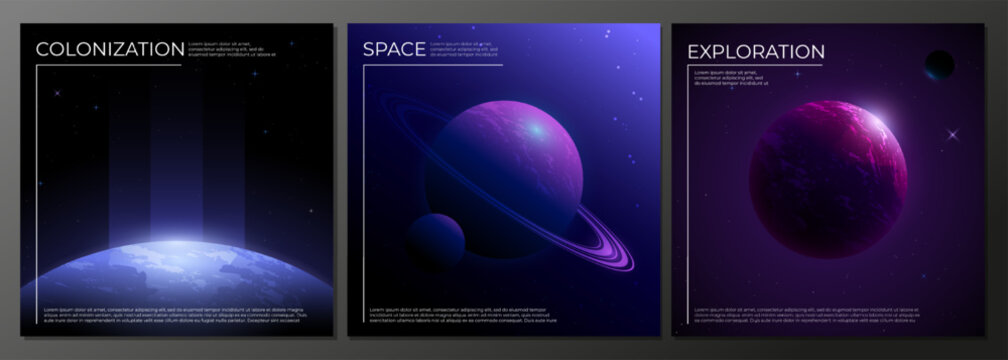 Set of dark realistic space banners with images of unknown planets.
