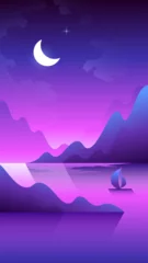 Fotobehang Lonely sailboat floats through the fjords. Vertical illustration of night seascape. © Dmytro