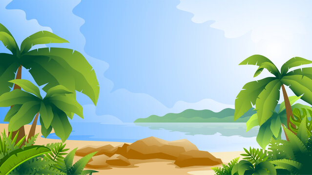 Horizontal colorful illustration of tropical scenery. Beach with palm trees on ocean and island background.