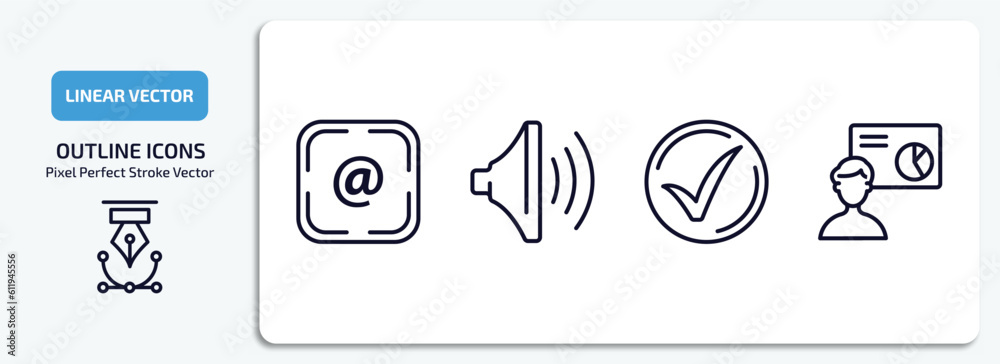 Poster user interface outline icons set. user interface thin line icons pack included at, volume, checked, 