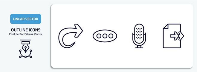 user interface outline icons set. user interface thin line icons pack included forward, more, mic, next page vector.