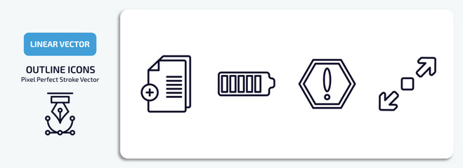 user interface outline icons set. user interface thin line icons pack included new file, charging status, exclamation button, enlarge vector.